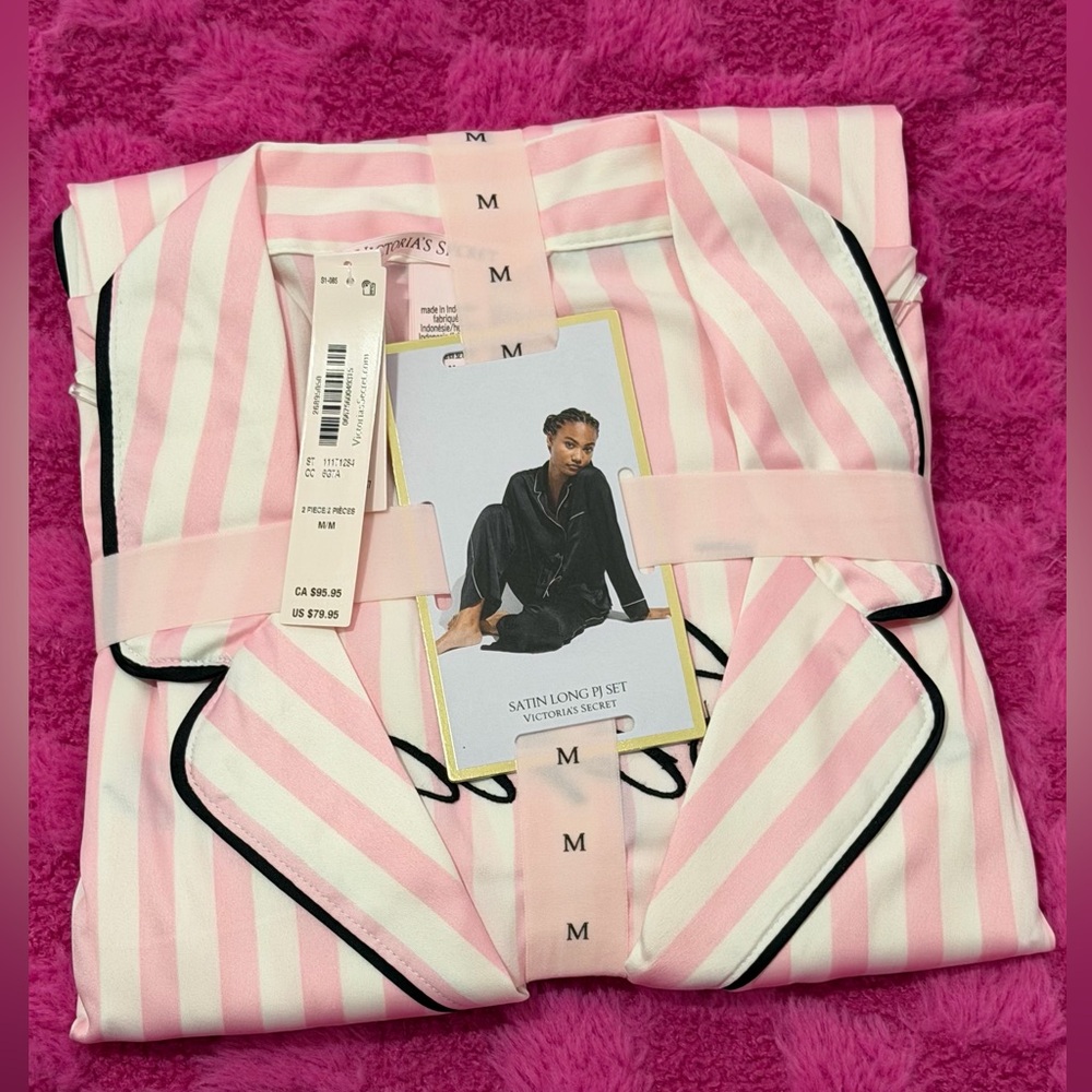 NEW MEDIUM VICTORIA'S SECRET London Embroide Iconic Stripe Satin Long Pajama Set